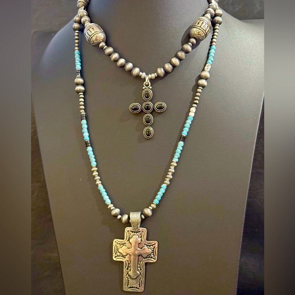 Vintage Turquoise Sterling Silver Black Onyx Cross Navajo Style Pearls Necklace